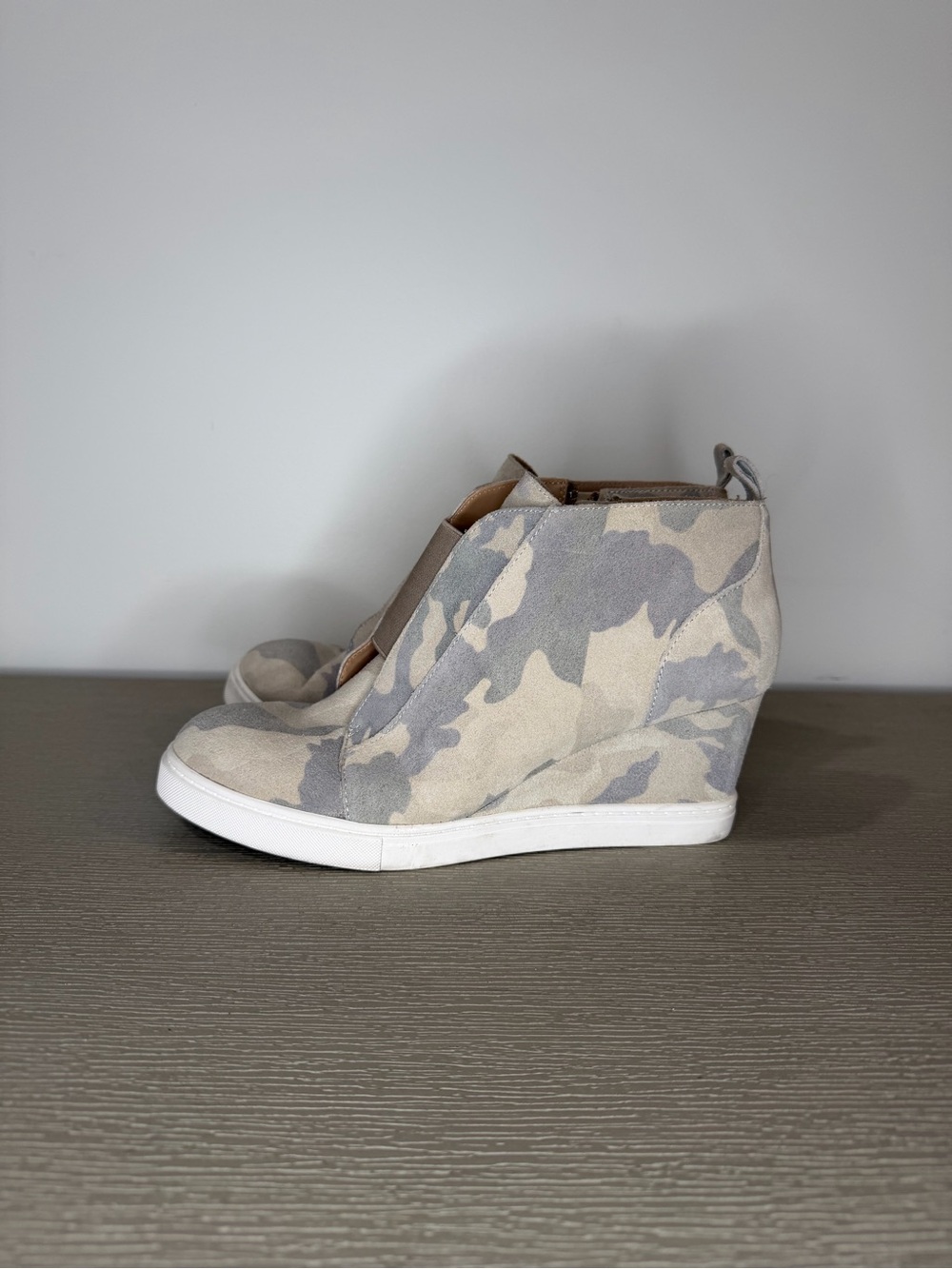 Paolo Beige and Gray Camouflage Wedge Sneaker Booties